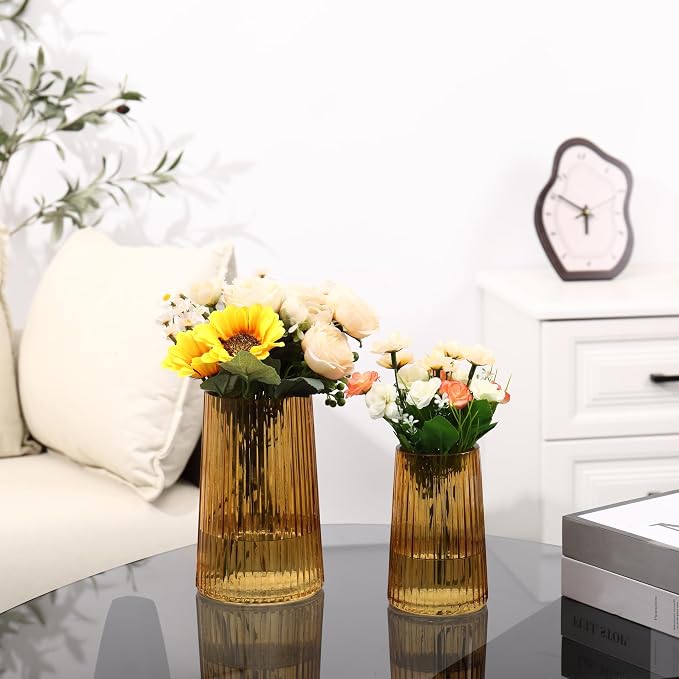 Ribbed Flower Vases Set of 2, Amber Vases - Image 2