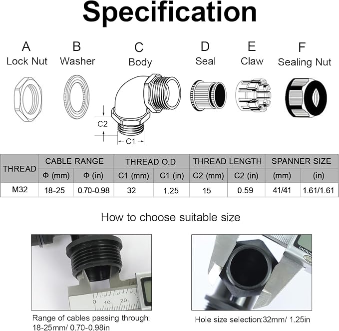 M32 Cable Gland, 90 Degree Adjustable 18-25mm Strain Relief, Cord Connectors - Image 2