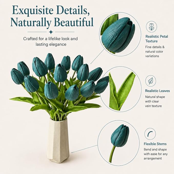 Mandy's 20pcs Artificial Teal Tulips | 13.5 Inch Lifelike PU Tulips Faux Floral - Image 4