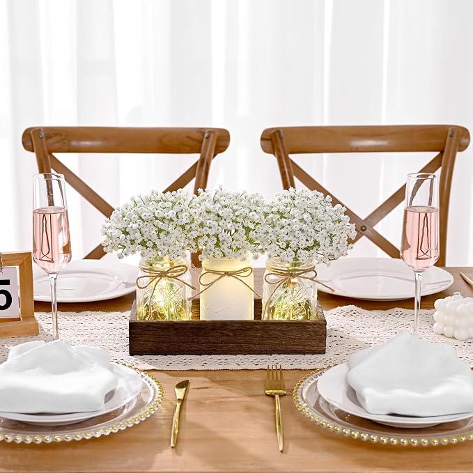 BLEUM CADE 3Pcs Mason Jar with Artificial Flowers Wood Tray and Light | Babys - Image 2