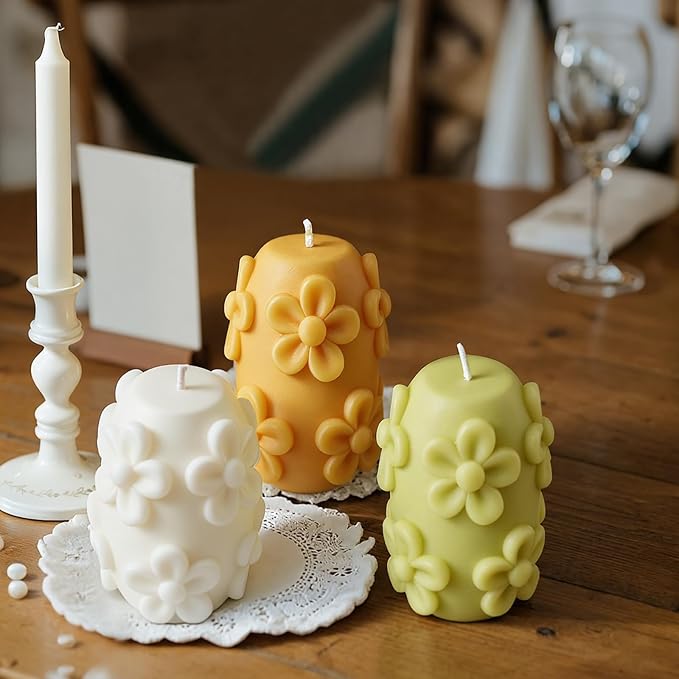 Lyrow 3 Pcs Daisy Pillar Candles 3D Embossed Floral Candle Set 3'' H Easter by Lyrow