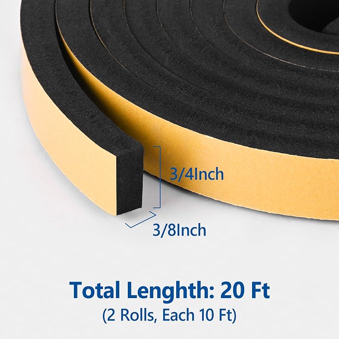 Self Adhesive Foam Tape Weatherstrip 3/4in x 3/8in x 20Ft High Density Foam - Image 2
