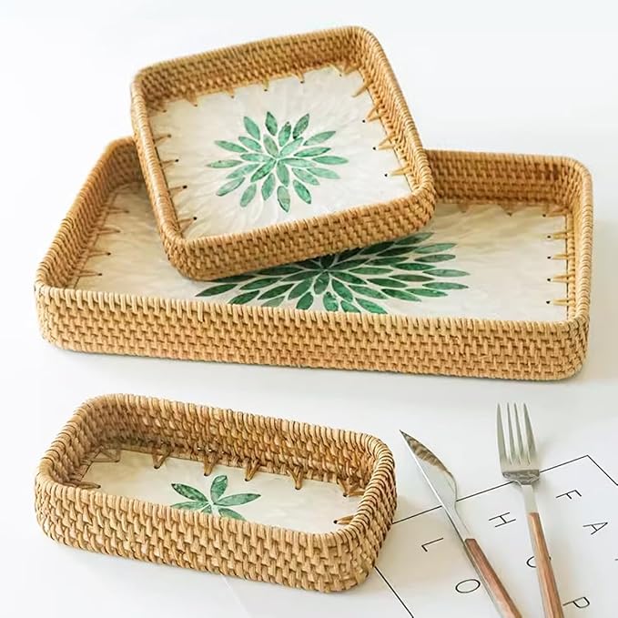 i-lan Set of 3 15" Rectangular Rattan and Mother of Pearl Serving Tray - Image 6