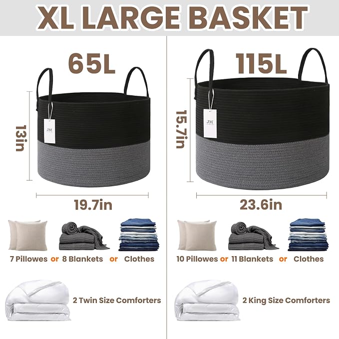 JMvicyroam 65L Extra Large Machine Washable Cotton Rope Blanket Basket | - Image 3