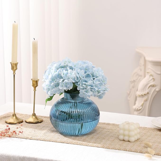Blue Glass Vase for Tulips, Ribbed Glass Vase for Flowers, Round Flower Vases - Image 3