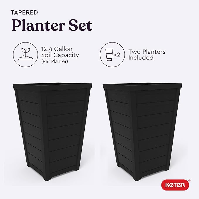 Keter Set of 2 Resin Modern Outdoor 22 Inch Tall Large Flower Pots, Tapered - Image 5