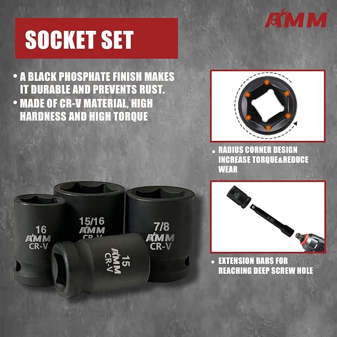 AMM 1/2" Drive Master Impact Socket Set, 24-Piece Shallow Standard SAE & Metric - Image 2