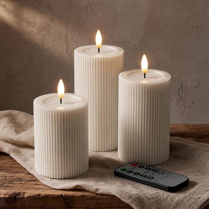 Fluted Ribbed LED Pillar Candles, Cream Beige, - Image 7