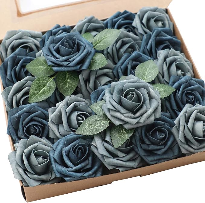 Artificial Flowers 25pcs Real Looking Dusty Blue Foam Fake Roses by Floroom