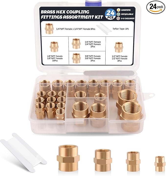 24Pcs Brass Pipe Fittings Hex Coupling Kit, 1/8" 1/4" 3/8" 1/2" NPT | 1/4 Inch by Ailbiuko