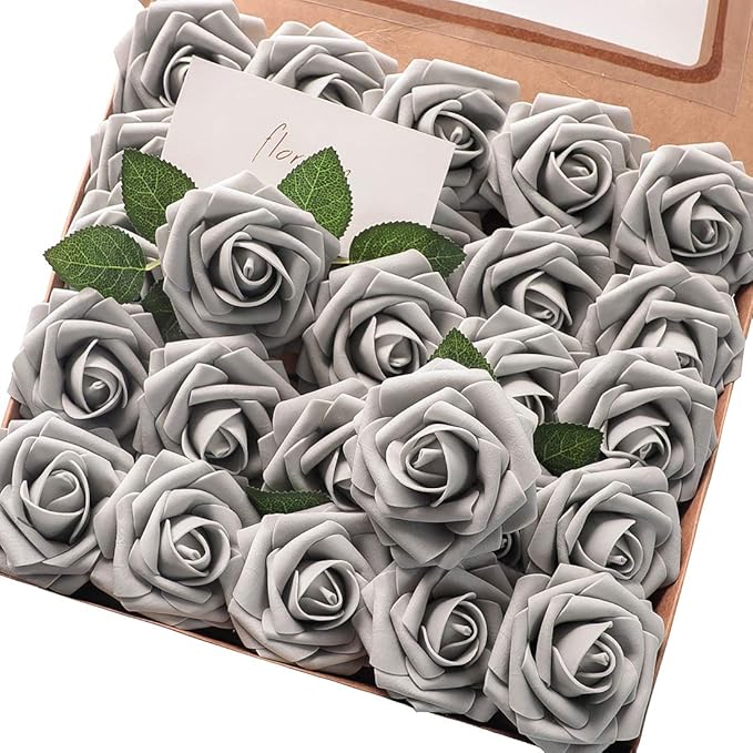 Artificial Flowers 50pcs Real Looking Silver Grey Foam Fake Roses by Floroom