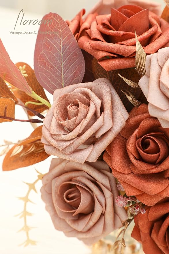 Artificial Flowers 25pcs Real Looking Burnt Orange & Warm Taupe Foam Fake Roses - Image 5
