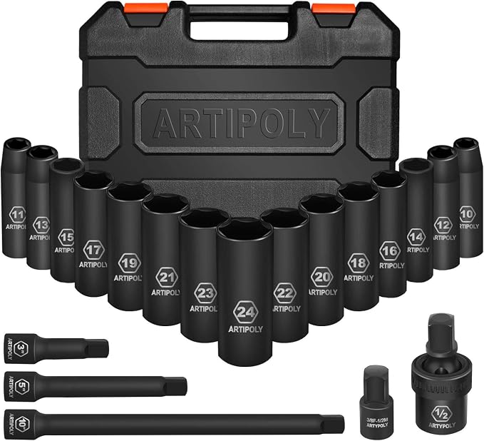 ARTIPOLY 20 Pieces 1/2" Drive Metric Deep Impact Socket Set, 10mm-24mm no skip by ARTIPOLY