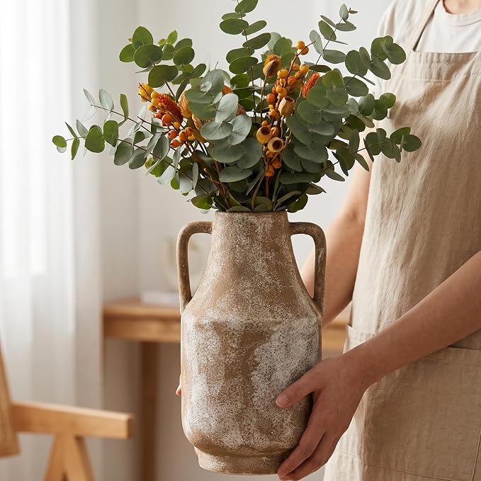 Ceramic Flower Vase with Handles, 11in Tall Rustic Vases - Image 8