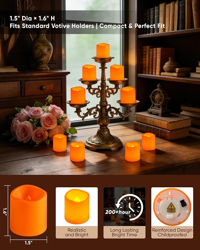 Homemory 12 Pack Orange Flameless Flickering LED Votive Tealights Candles | - Image 2