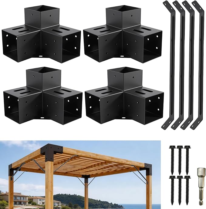 4 Pcs 4"x4" 3 Way Right Pergola Brackets | DIY Pergola Kit by AXWHYS