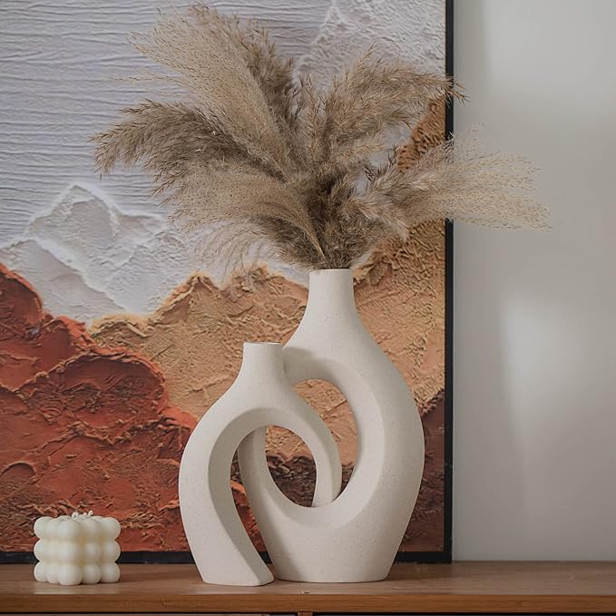 XL Beige Ceramic Vase Set of 2 for Modern Home Decor, Eclectic Entryway Modern by 100hand-madeworks