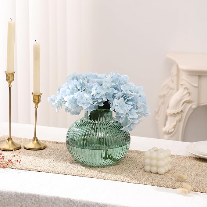 Green Glass Vase for Tulips, Ribbed Glass Vase for Flowers, Round Flower Vases - Image 6