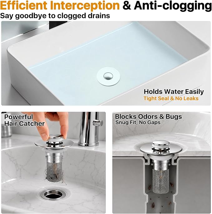Bathroom Sink Drain Strainer Hair Catcher, Pop Up Universal Sink Drain Stopper - Image 3