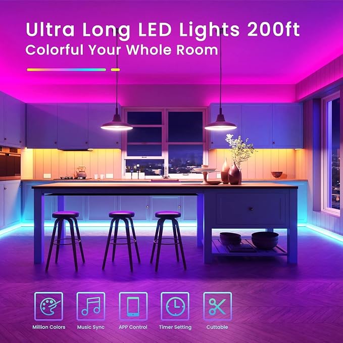 TJOY 200ft Bluetooth LED Strip Lights, Long Strip Lighting Music Sync, RGB - Image 2