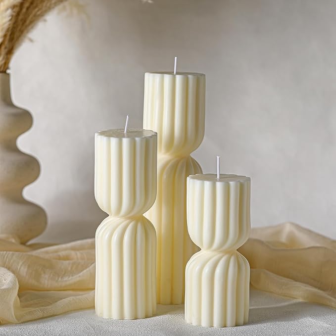 Conelist Ribbed Pillar Candles Set of 3 Width 2.4" High 5.5" 7" 9" Handmade by Conelist