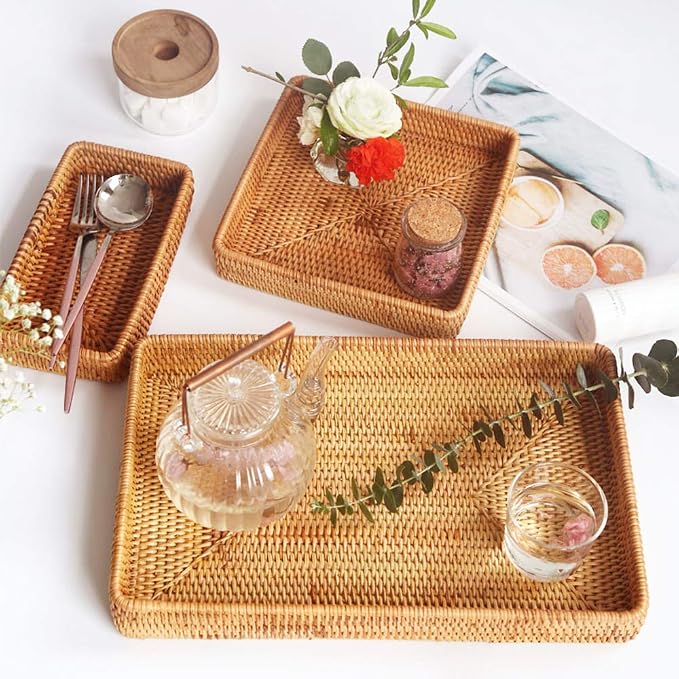 i-lan Rattan Serving Tray Set of 3, Rectangular Wicker Trays, Natural Brown | - Image 7
