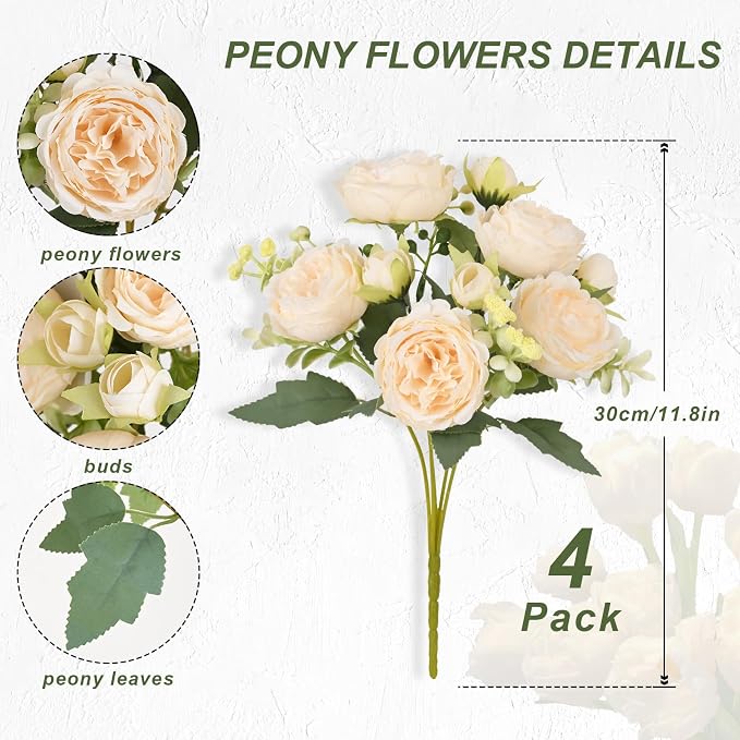 4 Packs Peonies Artificial Flowers, Champagne Silk Artificial Peonies | Fake - Image 4