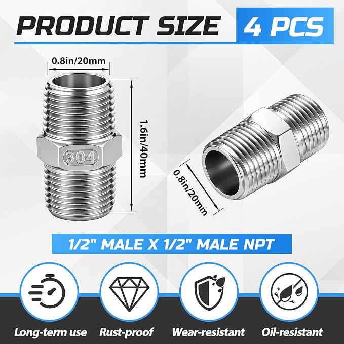 1/2" MNPT to 1/2" MNPT Male to Male 4 Pcs Hex Bushing Nipple Reducer, 316 - Image 2