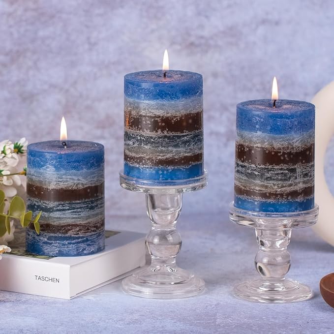 KONNI Layered Pillar Candles Set of 3, 2.8"x 4" Table Decor Blue Coffee | - Image 5