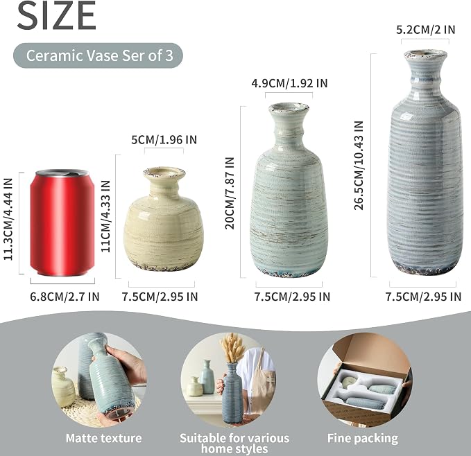 Ceramic Vase Set of 3, Rustic Neutral Vases Home Decor Farmhouse Decorative - Image 2