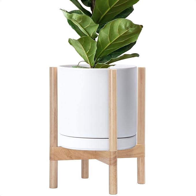 D'vine Dev Ceramic Pot with Natural Wood Stand, 12 in, 55-B-J-1 | Mid-Century by DvineDevPlanterPotsandStand