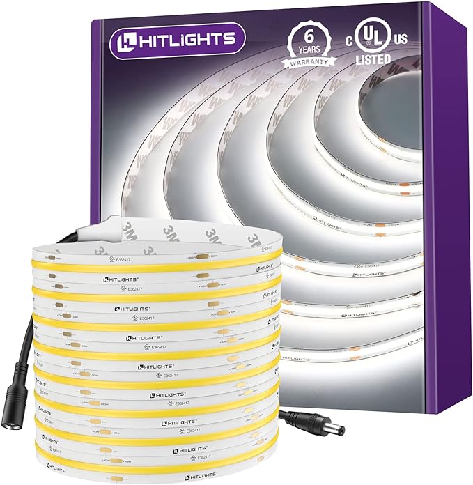 HitLights COB LED Strip Lights Cool White 5000K, 16.4ft 24V Tape, UL Listed | by HitLights