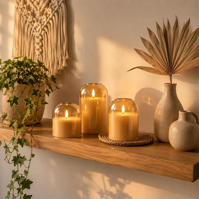 Fall Decorations for Home, Amber Glass Flameless Candles, LED Pillar Candle | - Image 6
