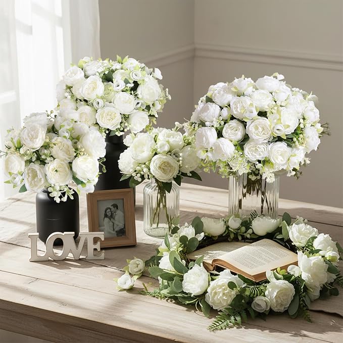 12 Bundles Peonies Artificial White Flowers Bouquet, Lifelike Silk Fake Peonies - Image 8