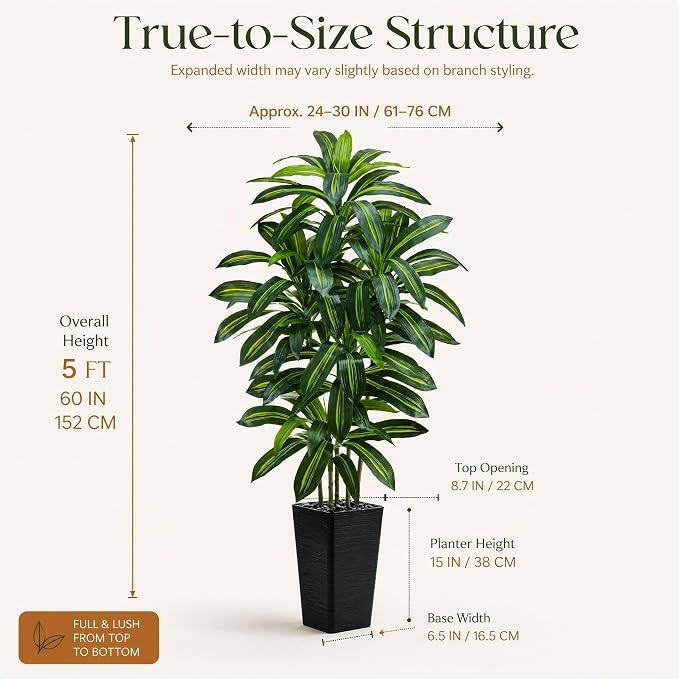 Artificial Dracaena Tree: 5FT Fake Plants Silk Faux Trees（Black Pot） | - Image 3