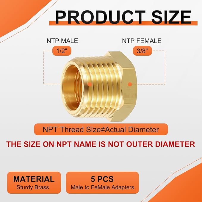 5 Pack Male to FeMale Adapters, 1/2" NTP Male x 3/8" NTP Female Threaded Brass - Image 2
