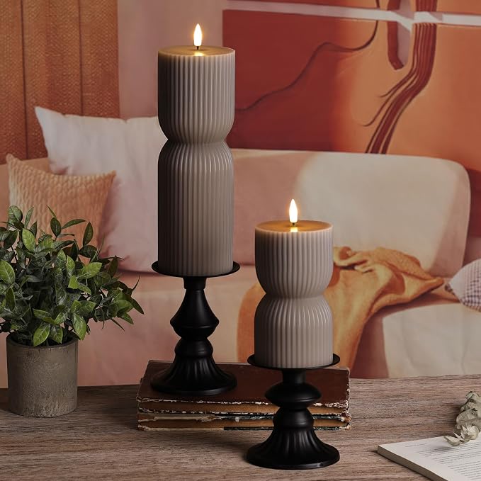 Taupe Ribbed Flameless Pillar Candles - Image 7