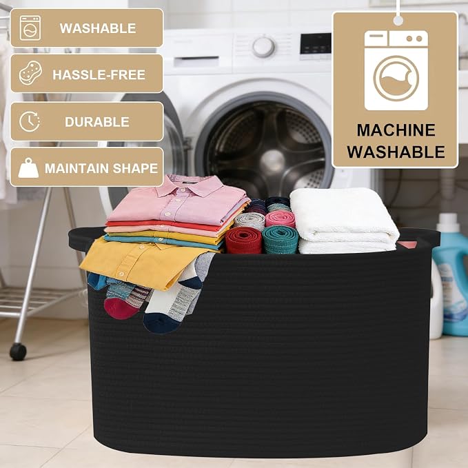 96L Woven Laundry Basket with Handles, Extra Blanket Basket, Living Room - Image 7