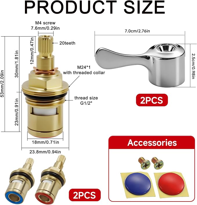Brass Faucet Cartridge Replacement, 1/2 Inch 20-Spline Ceramic Disc Valve Quick - Image 2
