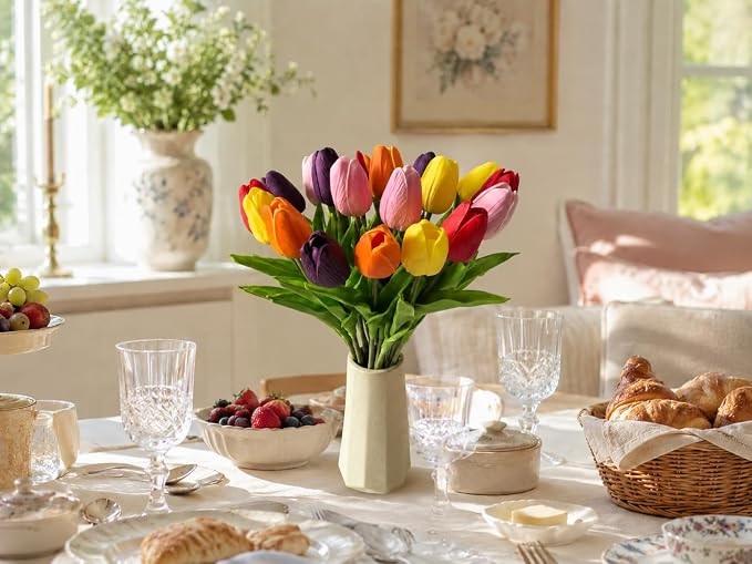 Mandy's 20pcs Artificial Multicolor Tulips | 13.5 Inch Lifelike PU Tulips Faux - Image 5