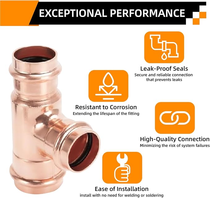 1/2" Copper Press Fittings Tee for Copper Pipe Plumbing, 10 Pack | Lead-free - Image 4