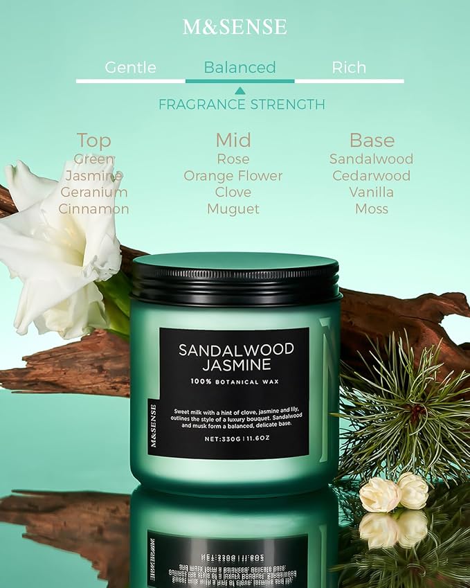 M&SENSE Sandalwood Jasmine Home Scented Candles, 11.6oz Natural Soy Wax | 70 - Image 2
