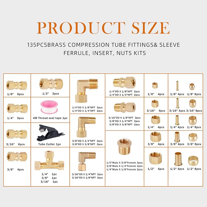 135PCS Brass Compression Fittings Kit-1/8" 3/16" 1/4" 3/8" 1/2" | - Image 5