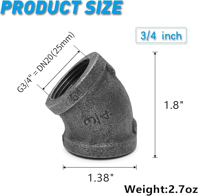 3/4" 45-degree elbow, Home TZH 20 Pack Female Threaded 45-degree Malleable Cast - Image 2