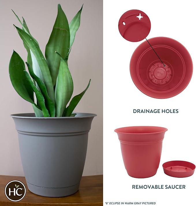 The HC Companies Eclipse Round Planter Pot, 8 Inch, Attached Saucer, Drainage - Image 2
