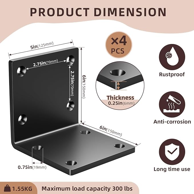 6" X 6" X 5" Heavy Duty Steel L Angle Bracket - Image 2