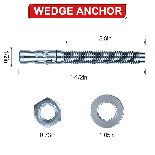 1/2 x 4-1/2 inch Wedge Anchors, Galvanized Concrete Anchors, Concrete Wall - Image 2