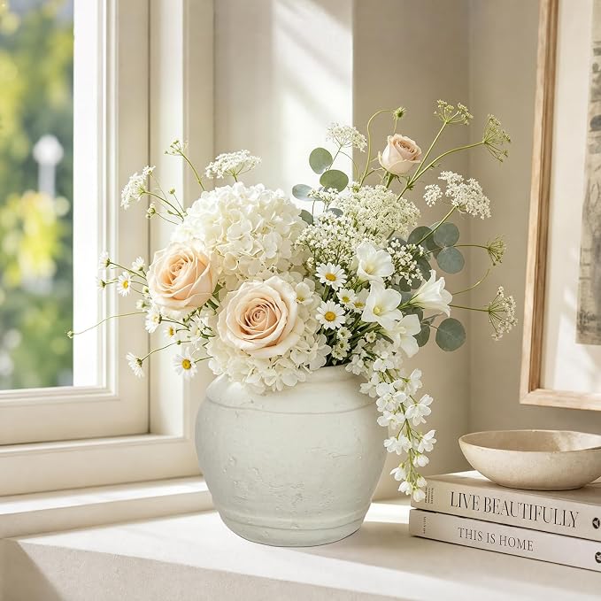 Briful Rustic Ceramic Farmhouse Vase, 5.9" Vintage Textured Pottery Jar | - Image 2
