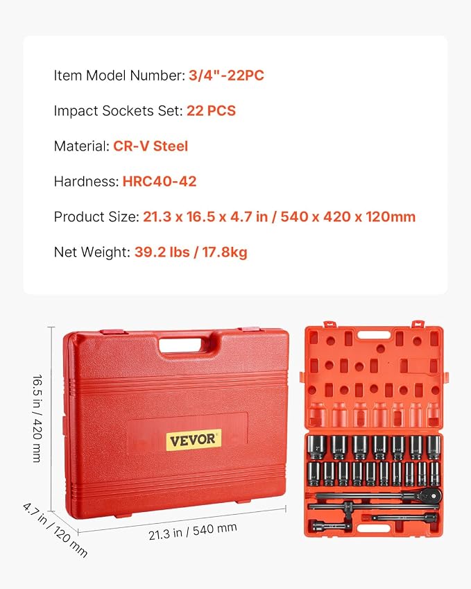 VEVOR Impact Socket Set 3/4 Inches 22 Piece Deep Impact Sockets, 6-Point Sockets - Image 7