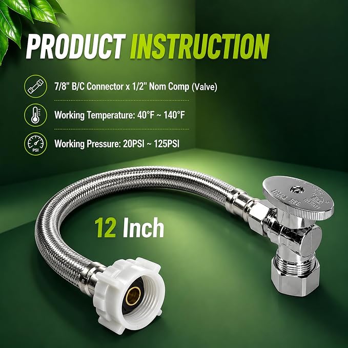 TTFLEX 12" Toilet Water Supply Line Kit 3/8" COMP x 7/8" BC Toilet Hose | - Image 5
